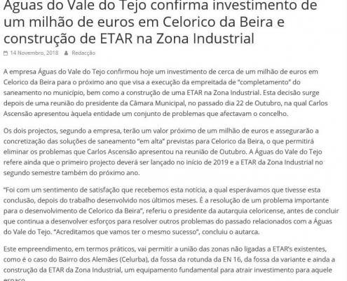 Aguas do Vale do Tejo confirma investimento de um milhao de euros em Celorico da Beira e construcao de ETAR na Zona Industrial