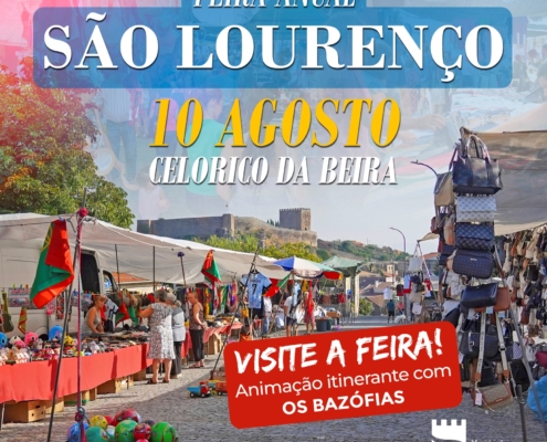 Cartaz promocional da Feira de São Lourenço, 10 de agosto, em Celorico da Beira, com vista da feira ao ar livre, bandeiras portuguesas e anúncio de animação com os Bazófias.