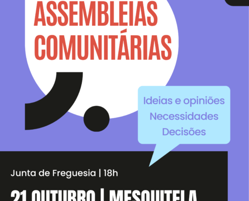 Cartaz de assembleia comunitária em Mesquitela, 21 de outubro, Junta de Freguesia, 18h.