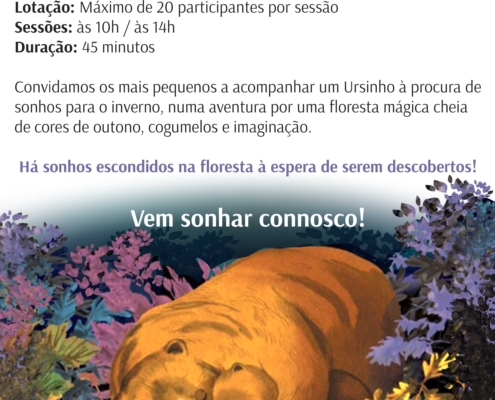 Urso laranja e filho em floresta colorida com folhas de outono, anúncio de atividade infantil.